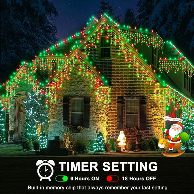 Icicle Lights for Outside, 33FT 400 LED Christmas Lights Outdoor with Waterproof 8 Modes, Plug in Connectable String Twinkle Light for Indoor Roof Window Garden Fence Party Decorations, Red Green-VerdiqueGarden