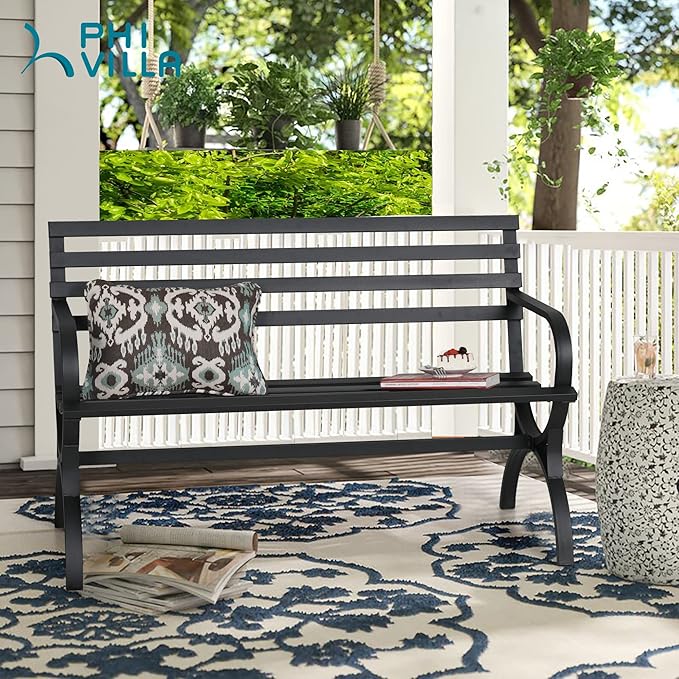 PHI VILLA Outdoor Garden Bench, 48” Long Metal Steel Bench with Backrest and Armrests, Modern Slatted Design for Patio, Lawn, Yard, Porch - Black-VerdiqueGarden