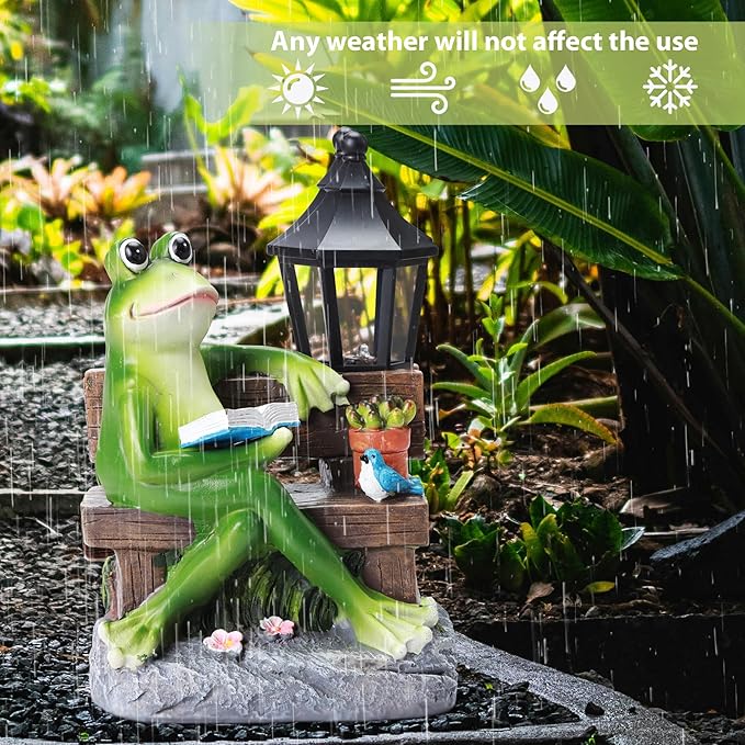 Outdoor Resin Reading Frog Statues, Solar Frog Garden Statues, Garden Frogs Outdoor Decor for Lawn, Balcony, Yard Decoration, Frog Gifts for Mom, Grandma, Wife-VerdiqueGarden