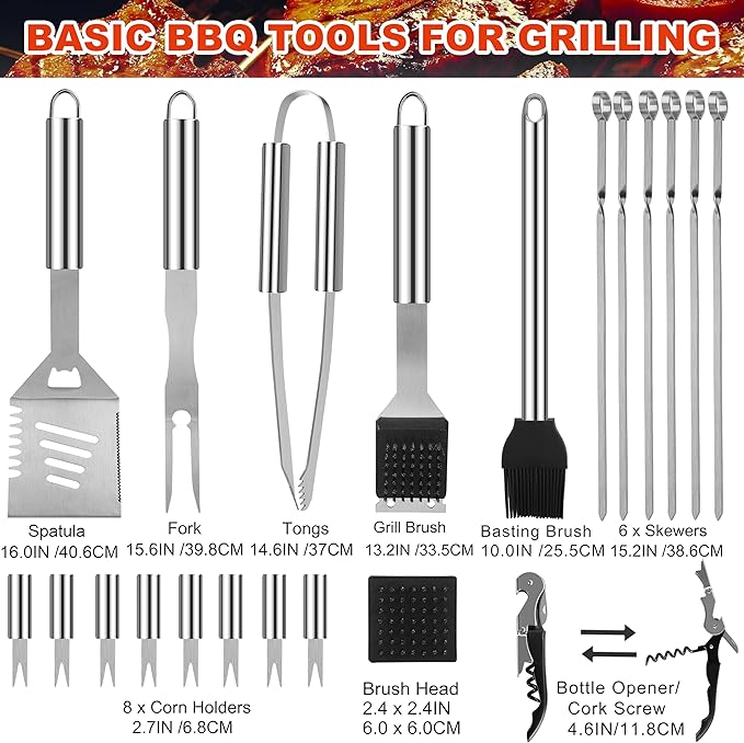 Grilljoy BBQ Accessories Grill Tools Set - 22PCS Stainless Steel Barbecue Grill Accessories for Outdoor Grill with Black Aluminum Case - Grilling Gifts for Men Dad -Grill Tools Kit-VerdiqueGarden