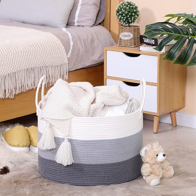 KAKAMAY Large Blanket Basket (20"x13"),Woven Baskets for storage Baby Laundry Hamper,Cotton Rope Blanket Basket for Living Room, Laundry, Nursery, Pillows, Baby Toy chest with Handles (White/Grey)-VerdiqueGarden