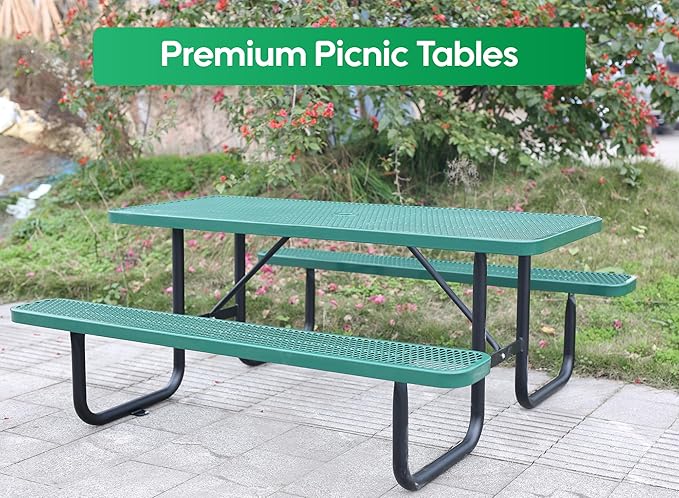 6FT Metal Picnic Tables for Outdoors, Commercial Rectangular Picnic Table and Bench Set for Outside, Patio, Garden, Backyard, Porch, Surface Mount, Green-VerdiqueGarden