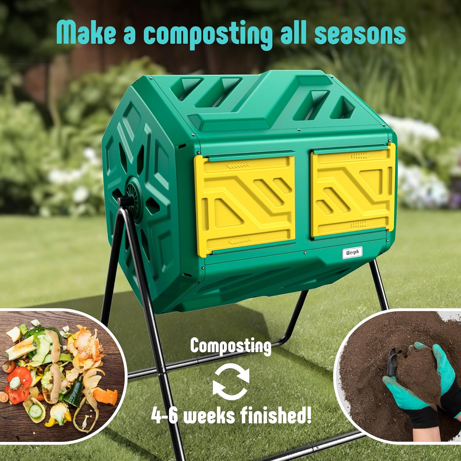 Compost Bin, Outdoor Composter, Fast Assembly 43 Gallon Dual Chamber Outdoor Compost Tumbler, Heavy Duty Tumbling Rotating Composter for Patio, Garden,Yard, Green, Easy Setup, Gloves Included-VerdiqueGarden