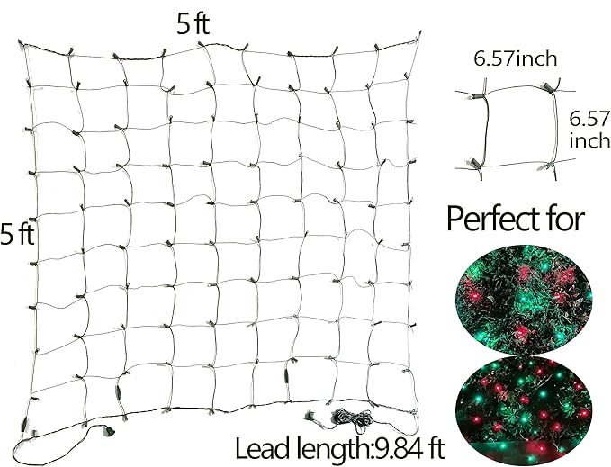 HISHINY LED Christmas Net Lights Outdoor, 5ftx5ft 100LED Green Wire, Connectable Bush Mesh Net Lights String for Halloween Christmas Party,Shrub,Yard,Tree（Red&Green）-VerdiqueGarden