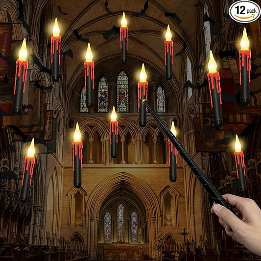 12pcs Floating Candles with Wand, Magic Hanging Candles, Flameless Candles with Magic Wand Remote, Battery Operated Hanging Window Candle, 6.1" LED Electric Candles for Christmas Halloween Decorations-VerdiqueGarden