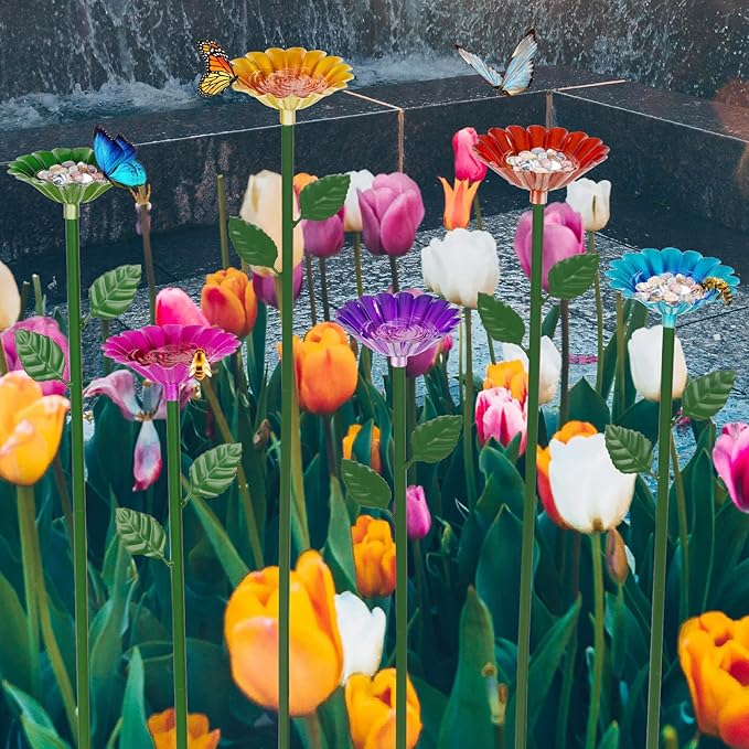 6 Pack Bee Watering Station, Bee Bath for Garden Metal Bee Water Feeder with Flower Design, Colorful Butterfly Bee Bath Bowl for Outdoor Garden Yard Decor-VerdiqueGarden