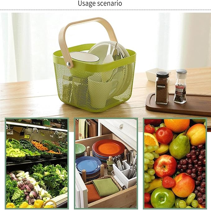 Metal Mesh Steel Basket, Storage Organizer Basket Multi-functional Hanging Kitchen Baskets Fruit Basket with Wooden Handle for Kitchen Bathroom Picnic Shopping Decor Cabinet Home, Macaron Green-VerdiqueGarden