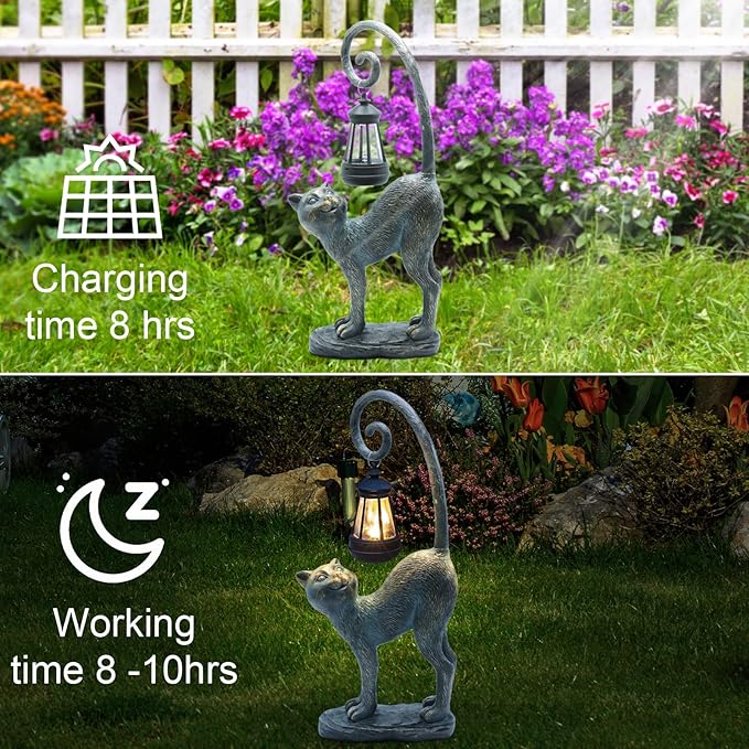 Resin Cat Statue with Solar Lantern, Eye-catching Garden Sculpture Decor，15.3" Height Outdoor Figurine for Garden Yard Patio Decorations，Birthday Gifts-VerdiqueGarden