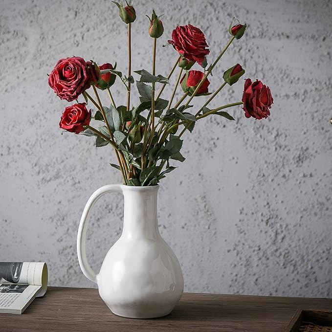 White Ceramic Vase with Big Handles, Modern Farmhouse Decor, Rustic Pottery for Flowers, Decorative Terracotta Centerpiece for Dining Table-VerdiqueGarden