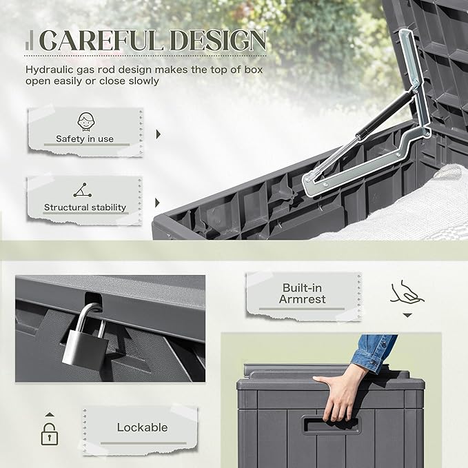 Greesum 100 Gallon Resin Deck Box Large Outdoor Storage with Cushions for Patio Furniture, Garden Tools, Pool Supplies, Weatherproof and UV Resistant, Lockable,Gray-VerdiqueGarden