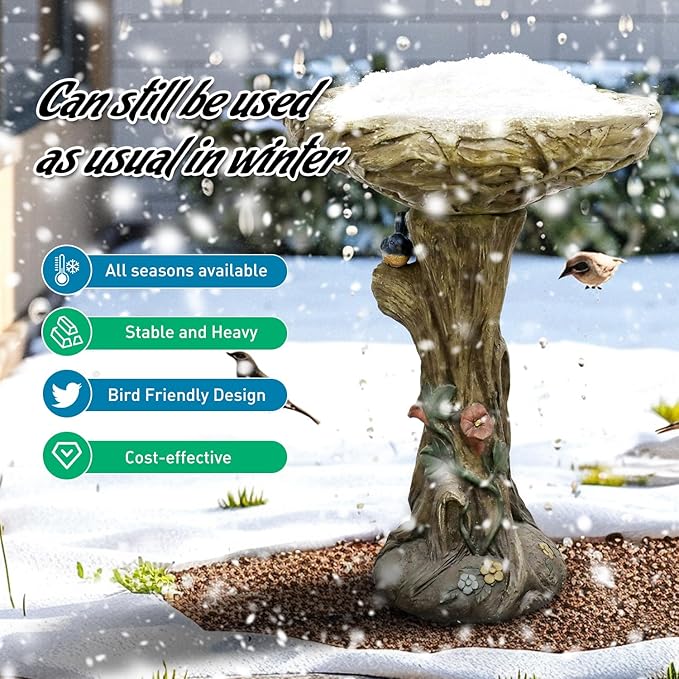 SunJet 25.5 Inch Heigh Wood-Look Concrete Bird Bath with Decorative Faux Bird – birdbath Rustic & Long-Lasting Design, Enhances Garden, Patio, Yard, Lawn Décor-VerdiqueGarden