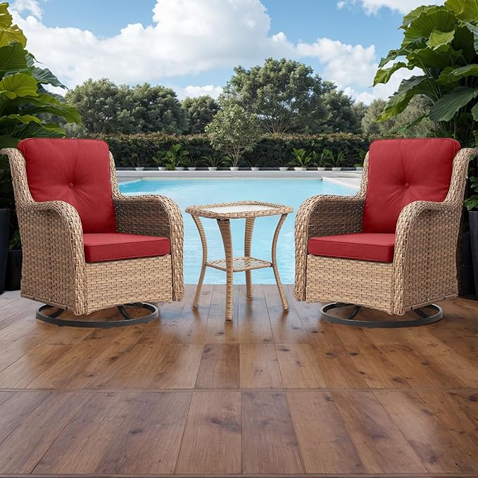 Outdoor Patio Swivel Rocker Chairs - 3 Piece Patio Bistro Set,Wicker Patio Furniture Set with 2 Swivel Rocking Chairs and 1 Glass Top Side Table for Deck Porch Garden,Yellow/Red-VerdiqueGarden