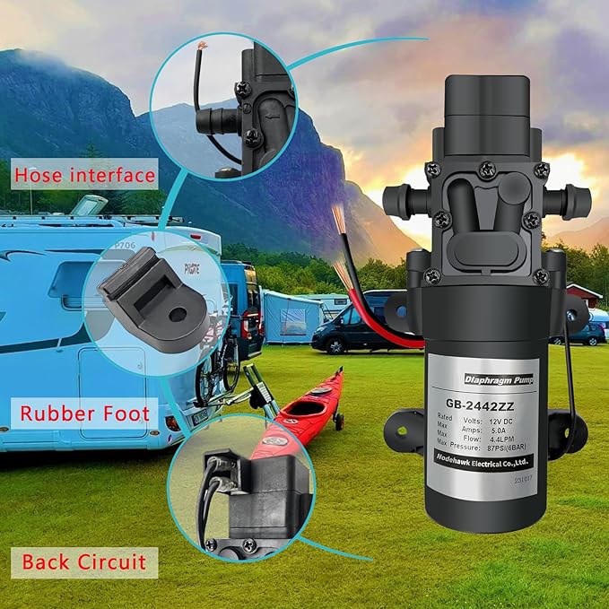 DC 12V Diaphragm Pump, Self-Priming Sprayer Pump, 1.2 GPM 87 PSI Pressure Switch Adjustable water pump, With 2 hose clamps, for RV Camping Shower Garden Irrigation-VerdiqueGarden