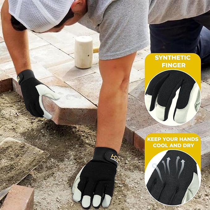 HLDD HANDLANDY Leather Work Gloves for Men & Women, Adjustable Wrist Cowhide Gardening Glove with Reinforced Palm for Driver-VerdiqueGarden