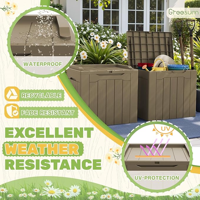 Greesum 31 Gallon Deck Box for Outside, All Weather Outdoor Storage Boxes for Patio Furniture Set, Package Delivery Box, Garden Tools, Light Coffee(Set of 2)-VerdiqueGarden