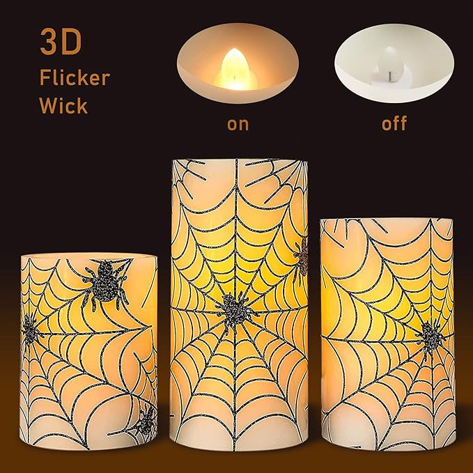 Spider Web Decor Flameless Candles Battery Operated with Remote Timer Haunted House Spooky Decorations Set of 3 Real Wax Black LED Flickering Candles Decorative for Halloween Decor Party-VerdiqueGarden
