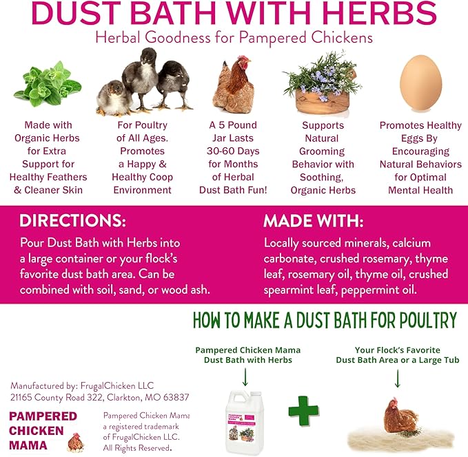 10.5 lb Pampered Chicken Mama Dust Bath with Organic Herbs & Essential Oils for Chickens, Quail, & Poultry | Dust Bath for Chickens to Keep Feathers Clean & Healthy-VerdiqueGarden