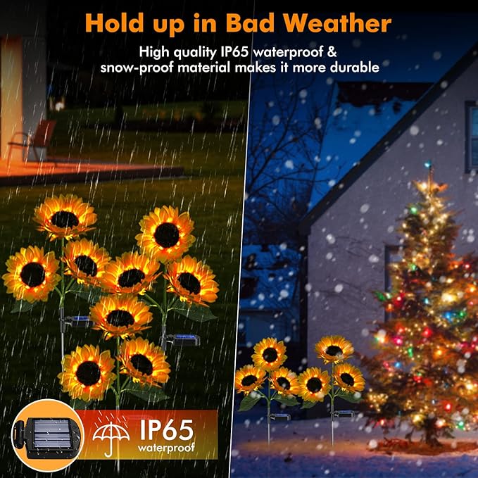 Solar Sunflower Lights, 800mA Solar Garden Light with Real Looking Flowers Outdoor Waterproof Solar Stake Lights for Back Yard, Flower Bed, Pathway, Patio, Porch, Spring Decoration (2 Pack)-VerdiqueGarden