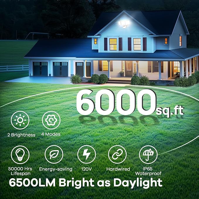OREiN 6500LM/42W Flood Lights Outdoor, 180°/75FT Motion Sensor Outdoor Lights 4 Modes Dimmable Dusk to Dawn Floodlights IP65 Waterproof for 6000SQ.FT Area for Big Patio, Driveway, Black (Hardwired)-VerdiqueGarden