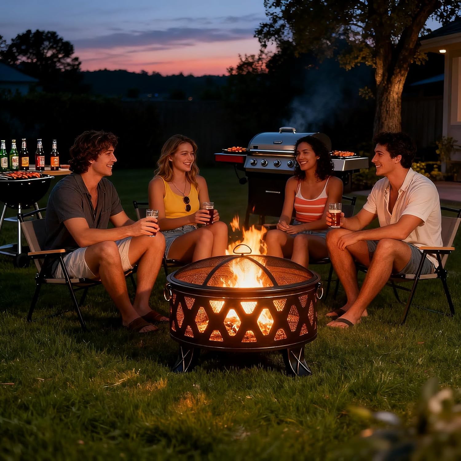 Breezz 26 Inch Wood Burning Fire Pit with Cooking Grill and Spark Screen, Outdoor Metal Round Firepit for Patio, Backyard, Bonfire Party, Camping and Garden-VerdiqueGarden