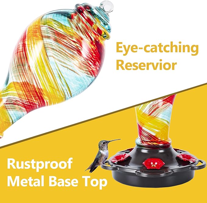 LUJII Hand Blown Glass Hummingbird Feeder for Outdoors Hanging with Ant Moat, 36 fl.oz, Leak Proof & Rustproof, Metal Base with 5 Feeding Ports & 5 Perches, Unique Garden & Backyard Decor (Ribbon)-VerdiqueGarden