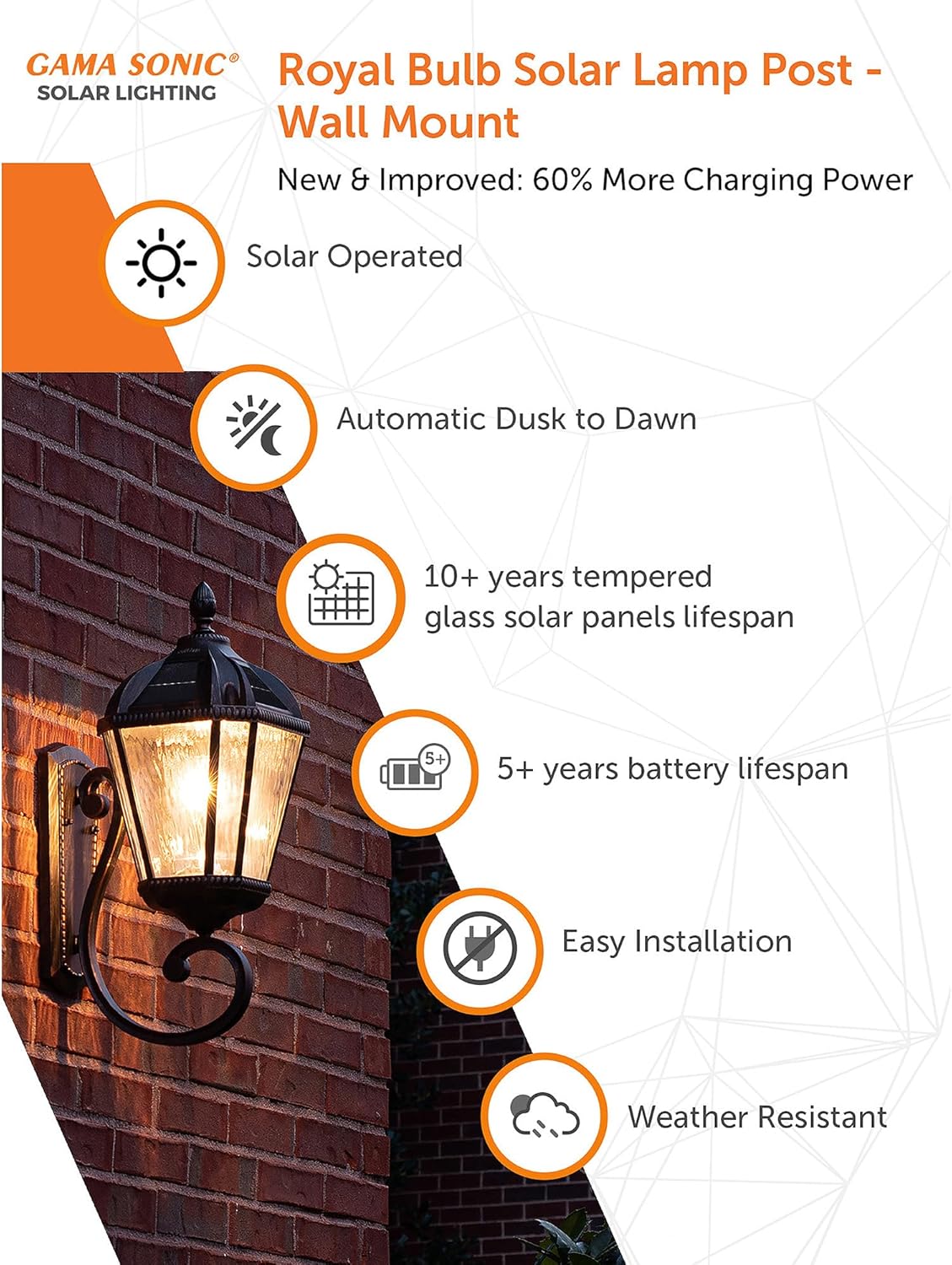 Gama Sonic Solar Outdoor Wall Light, Royal Bulb Exterior Sconce Lamp, Brushed Bronze Finish Aluminum, Clear Beveled Glass, Warm White LED, Large 21-Inch Height, 98B110 Upgraded Panel and Battery-VerdiqueGarden