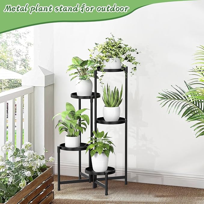 MOKANI Metal Plant Stand Indoor Outdoor for Multiple Plants, 5 Tiered Folding Corner Shelf Tall Flower Pot Holder Display Rack for Patio Living Room Balcony Garden, Black-VerdiqueGarden