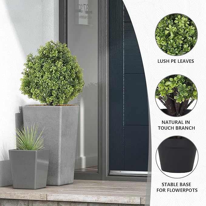 THE BLOOM TIMES 2ft Faux Boxwood Plants Outdoor Set of 2, Topiary Balls Artificial Outside Trees, 24" UV Resistant Fake Greenery Bushes & Shrubs for Front Porch Planter-VerdiqueGarden