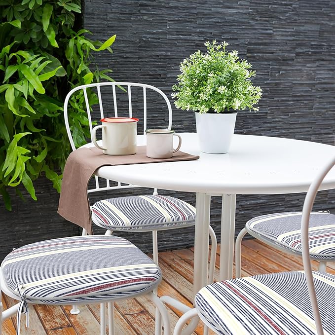 Indoor/Outdoor Chair Cushions 16x17 Inch, Patio Chair Cushions with Ties, All Weather Seat Cushions for Patio Furniture Home Garden Chair Use, Set of 2, Stripe Denim Blue-VerdiqueGarden