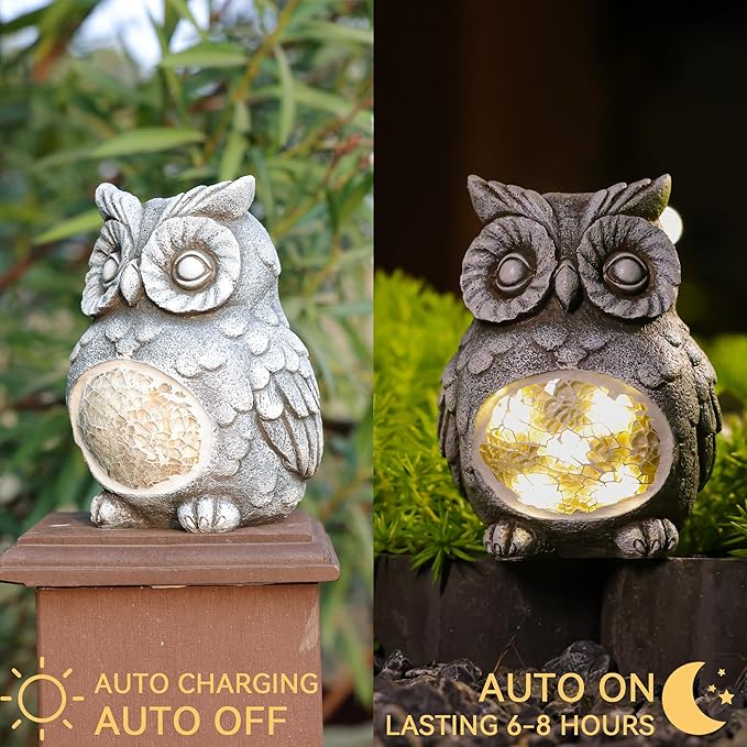 Solar Owl Garden Statues Outdoor Decor Resin Owl Figurine with Solar Light for Patio,Balcony,Yard,Lawn Ornament,Perfect Garden Gift-VerdiqueGarden