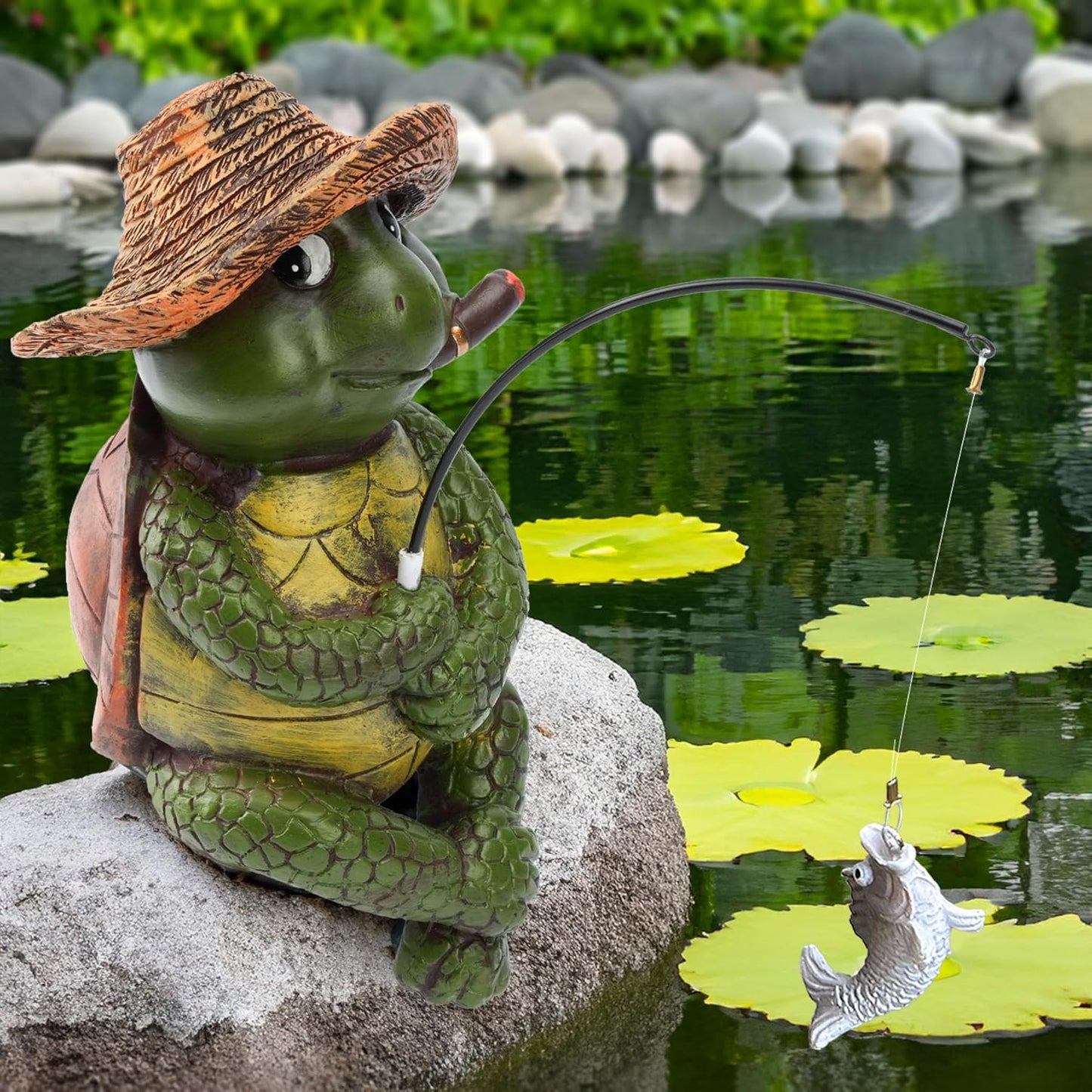 9.5" Turtle Fishing Statues- Whimsical Stone Look Lawn Yard Art, Funny Garden Pond Fisherman Sculpture, Resin Animal Decor, Ideal for Garden Enthusiasts & Turtle Fishing Lovers-VerdiqueGarden