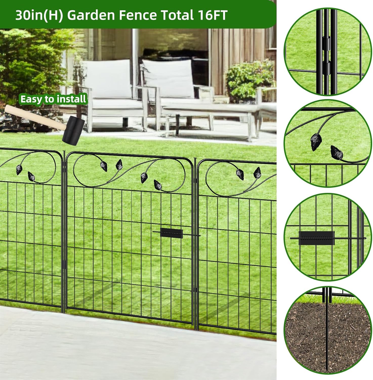 Decorative Metal Garden Fence 30in(H) X16ft(L) 1 gate+7 Panels Temporary Dog Fence Border for Landscape Patio Outdoor with gate, No dig Garden Fencing Gates for Yard-VerdiqueGarden