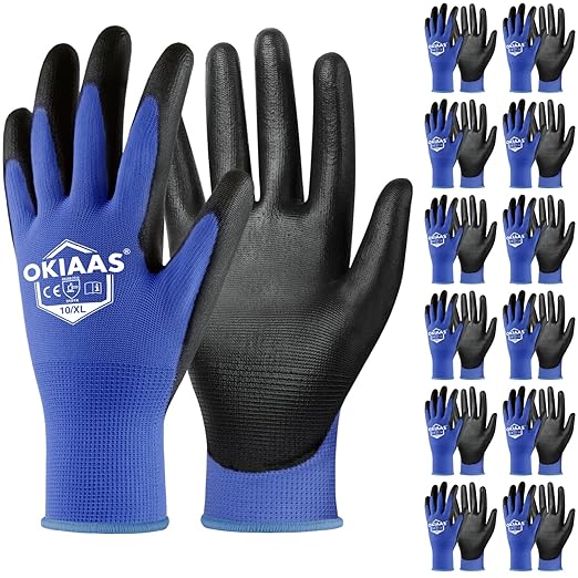 OKIAAS Work Gloves for Men，Ultra Thin and Lightweight Working Gloves with Grip, 12 Pairs Bulk Pack Construction Gloves with Polyurethane Coating, Safety Gloves for Light Duty Work (Blue, X-Large)-VerdiqueGarden
