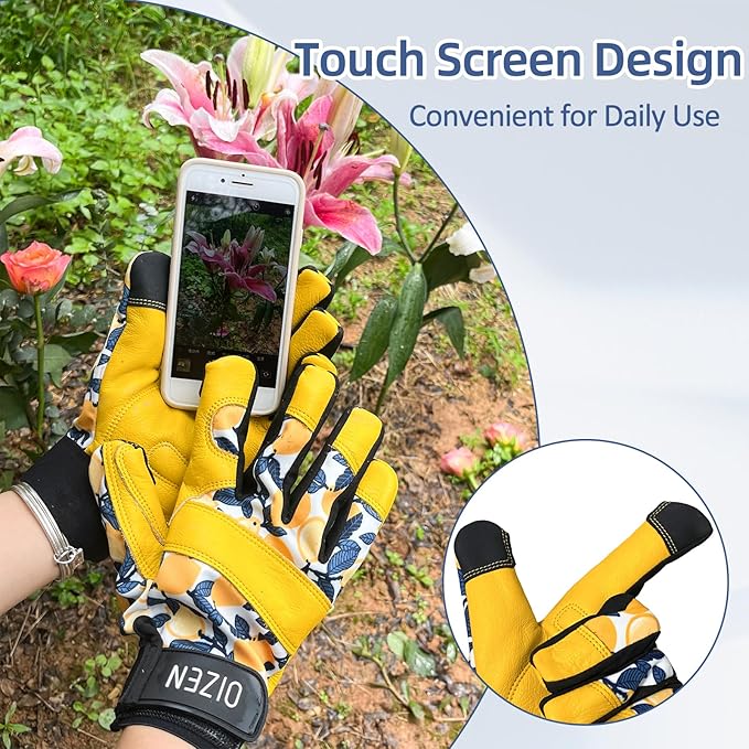 2 Pair Cowhide Leather Thorn Proof & Puncture Resistant Gardening Gloves for Women and Men, Touchscreen Compatible Working Gloves for Weeding, Digging, Planting, Gardening Gifts for Women (Medium)-VerdiqueGarden
