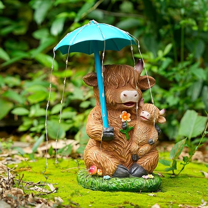 Solar Garden Statues Resin Loving Highland Cow Umbrella Lights Outdoor Decor Gifts for Yard, Patio Decorations-VerdiqueGarden