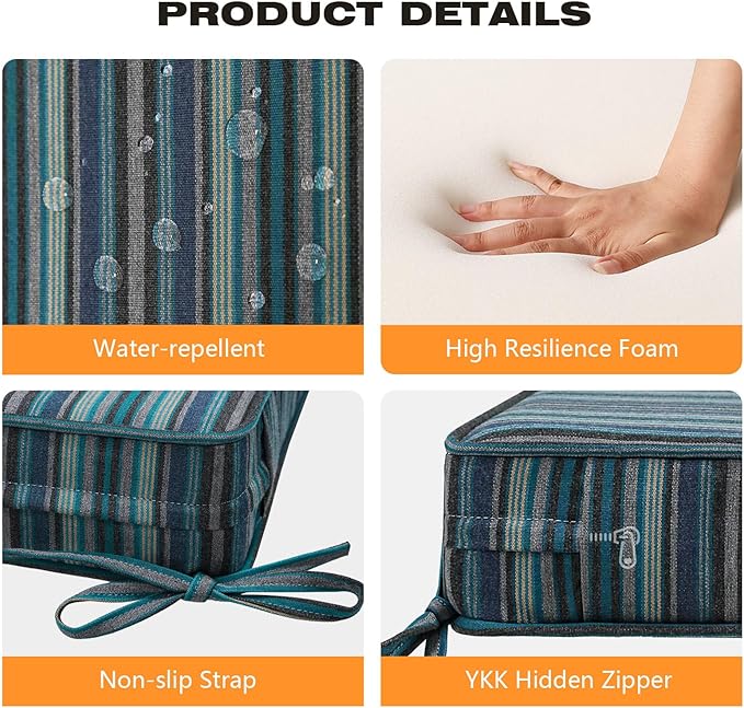 Sunbrella Square Corner Seat Cushions, 19" x 19" x 3", Set of 4, Indoor Outdoor Water Repellent Universal Chair Pads with Ties for Patio Furniture, Garden Dining Chairs, Troupe Dock-VerdiqueGarden