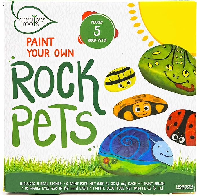 Creative Roots Paint Your Own Rock Pets by Horizon Group USA, 6 Colors, Paint Brush, Wiggly Eyes and Glue Included, Multicolor-VerdiqueGarden