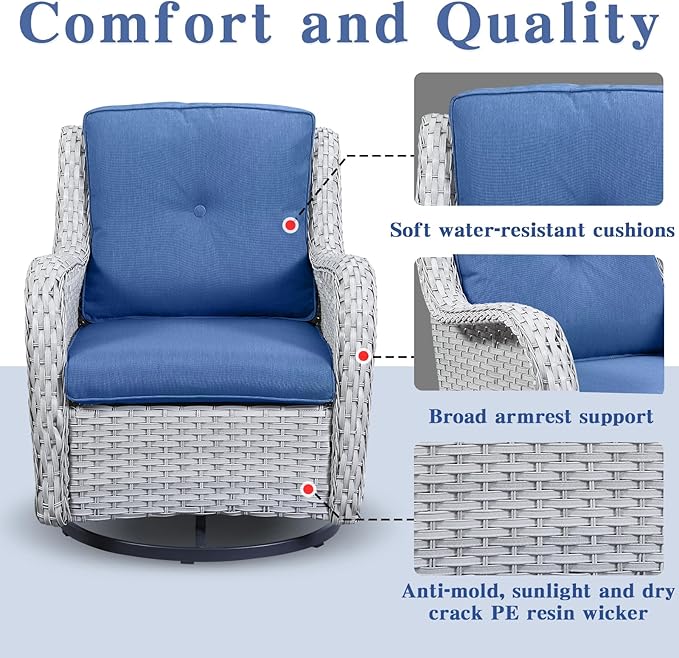 5 Piece Outdoor Patio Furniture Set - Patio Wicker Furniture Conversation Set, Outdoor Swivel Rocker Chairs with Loveseat Sofa and 2 Ottomans for Small Space, Blue Cushion-VerdiqueGarden