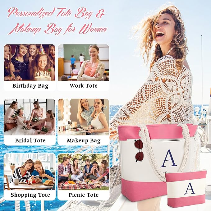 YOOLIFE Beach Bags for Women - Initial Tote Waterproof Bag with Makeup Bag, Mothers Day Gifts for Women Mom Friend Birthday-VerdiqueGarden