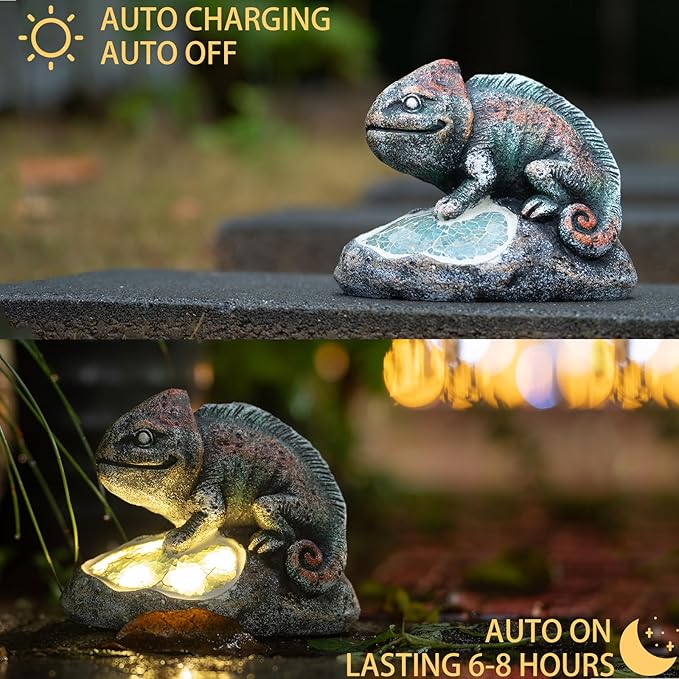 Solar Chameleon Garden Statues Outdoor Decor Resin Chameleon Figurine with Solar Light for Patio,Balcony,Yard,Lawn Ornament,Perfect Garden Gift-VerdiqueGarden