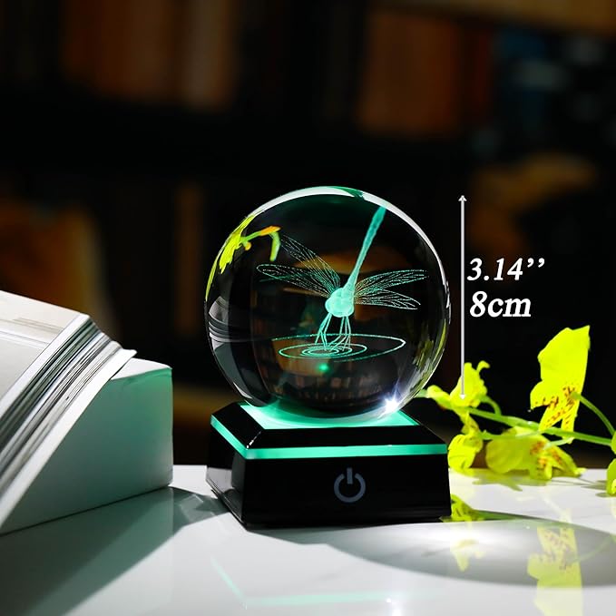 Qianwei Dragonfly Gifts for Women 3D Crystal Ball 3.14'' - Laser Dragonfly Decor Glass Animals Dragonfly Gifts Figurines Statue Stuff for Room Decorations Dragonfly Night Light-VerdiqueGarden
