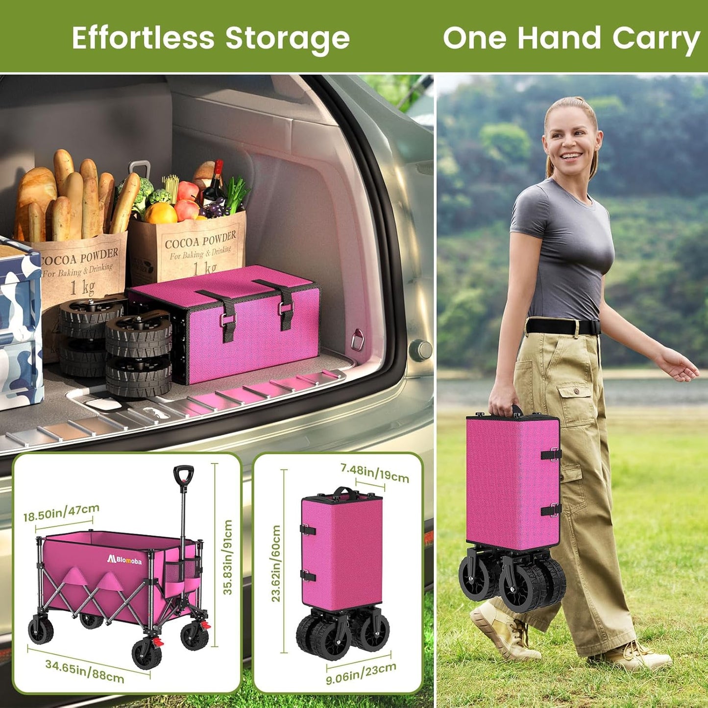 Collapsible Wagon Cart, 150L Heavy Duty Foldable Beach Wagon with Wider Wheels & Auto-Rebound Handle, Utility Grocery Shopping Cart for Garden, Shopping, Camping, Sports, Pink-VerdiqueGarden