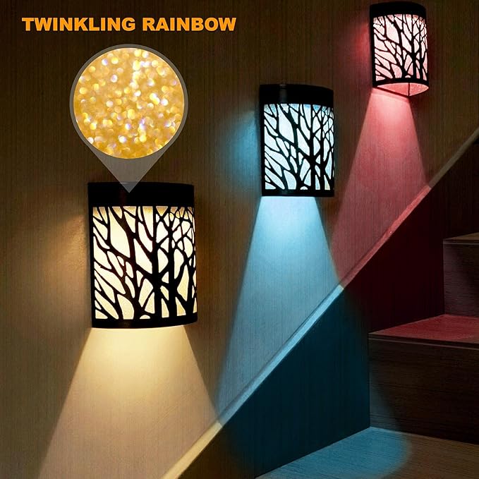 DenicMic Solar Wall Lights Outdoor Wall Sconce Fence Lighting for Patio Front Door Yard Deck Stair Led Forest Decorative Lamps, Waterproof, Warm White/Color Changing (4 Pack)-VerdiqueGarden