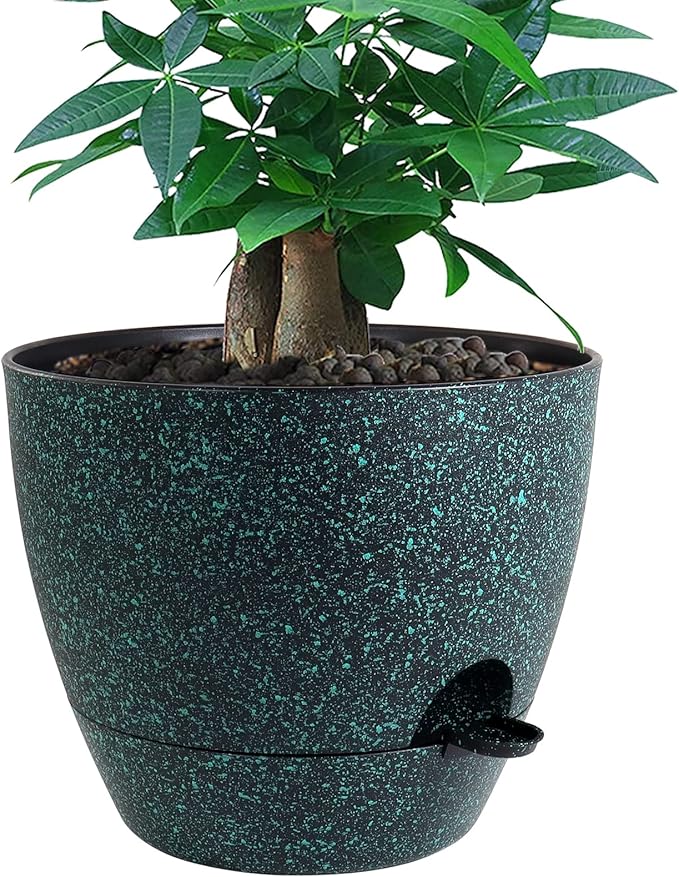 12 inch Large Self Watering Pots, Plastic Planters with 60oZ Removable Deep Reservoir and Multi Mesh Drainage Holes for Indoor Outdoor Garden Plants and Flowers, Black with Green Speckles-VerdiqueGarden