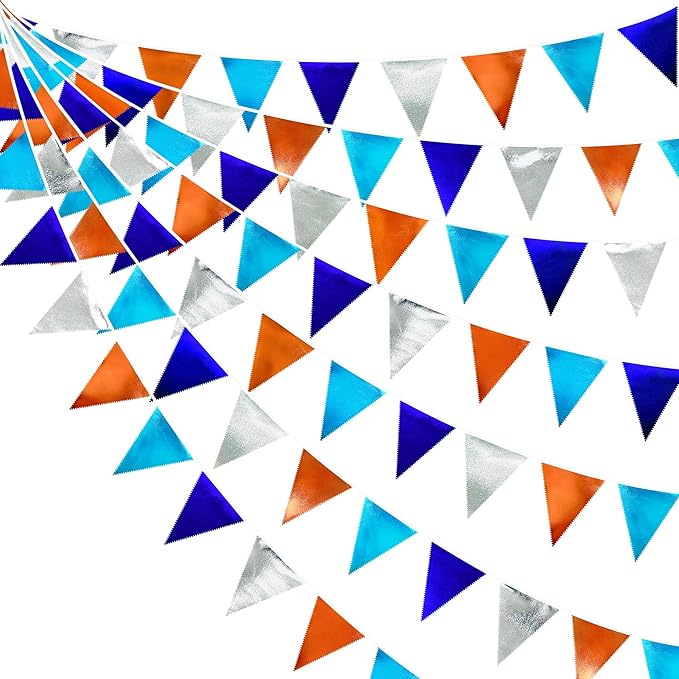 Orange Blue Silver Party Decorations Metallic Fabric Triangle Pennant Banner Flag Bunting Garland for Space Theme Birthday Wedding Bridal Shower Baby Shower Engagement Graduation Party Supplies-VerdiqueGarden