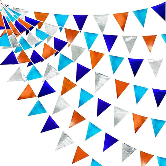 Orange Blue Silver Party Decorations Metallic Fabric Triangle Pennant Banner Flag Bunting Garland for Space Theme Birthday Wedding Bridal Shower Baby Shower Engagement Graduation Party Supplies-VerdiqueGarden