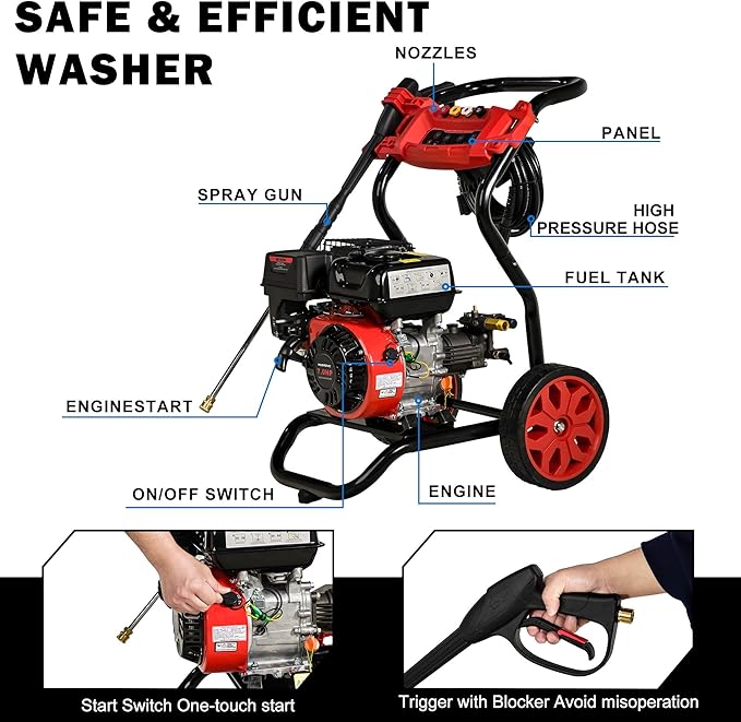 Gas Pressure Washer, 3950 PSI and 2.6 GPM, 7HP Engine with Copper Pump, 25FT Hose and Foam Cannon, 4 Nozzles, for Cars, Driveways, Fences-VerdiqueGarden