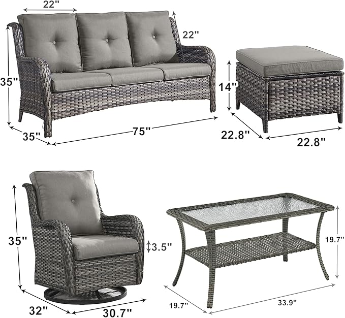 Outdoor Wicker Patio Furniture Set - 6 Piece Rattan Patio Conversation Set with 2 Rocking Swivel Chairs,2 Ottomans,1 Sofa and 1 Coffee Table for Porch Deck Backyard Garden(Mixed Grey/Grey)-VerdiqueGarden