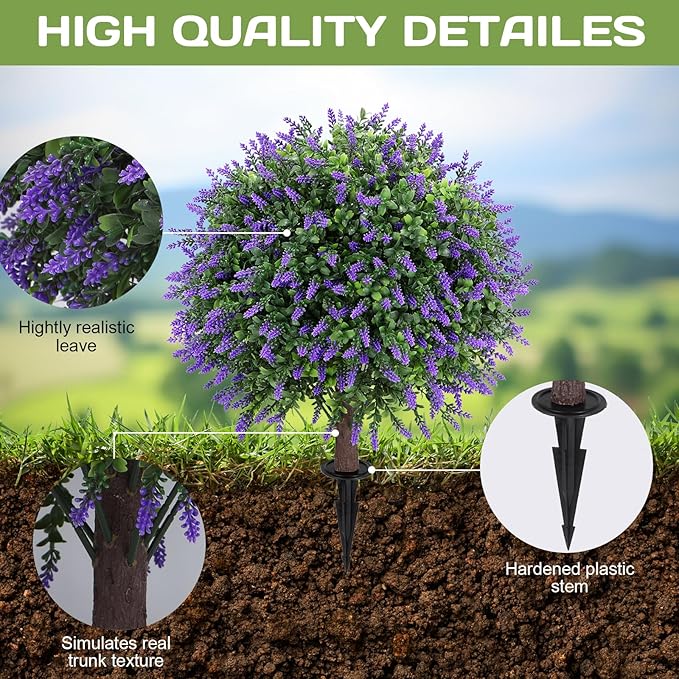 Artificial Lavender Topiary Ball Tree 25" with Ground Spike, Set of 2 Artificial Boxwood Bushes for Faux Shrubs, Fake Evergreen Faux Plant for Indoor Outdoor Porch Garden -UV Resistant–Fade-Proof-VerdiqueGarden