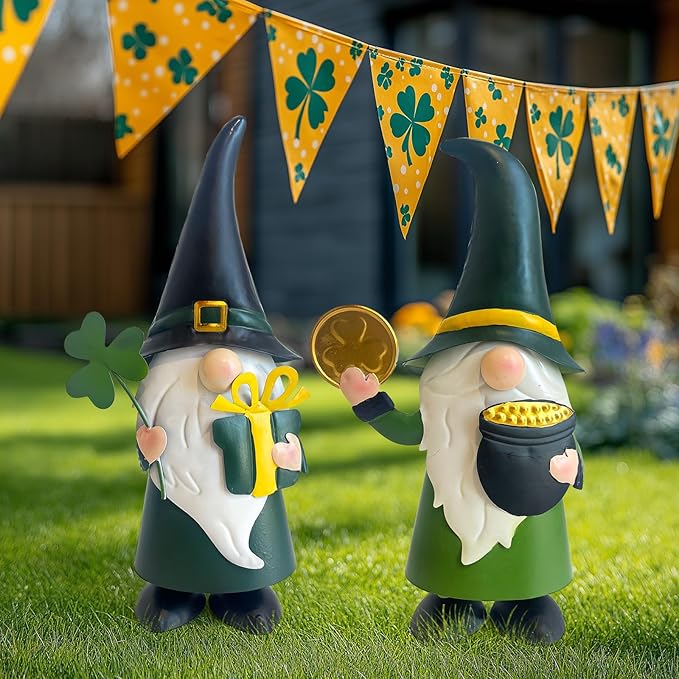 HONGLAND St. Patricks Day Decorations Outdoor Green Gnomes, Metal Gnomes Figurine Irish Leprechaun St Patricks Day Decor, Luck Shamrock Gnome for Home Outside Garden Lawn Party Yard Patio (14 INCH)-VerdiqueGarden